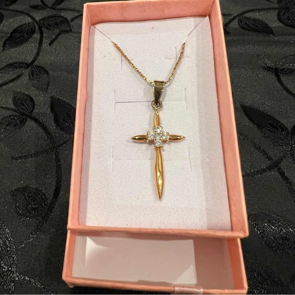 Cross CZ Pendant Necklace 18". Elegant Gold Over 925 Sterling Silver.